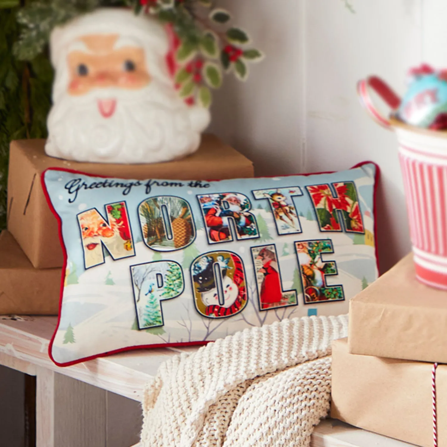 Discount The Jolly Christmas Shop Raz 18" Vintage Postcard Lumbar Christmas Pillow 4321332