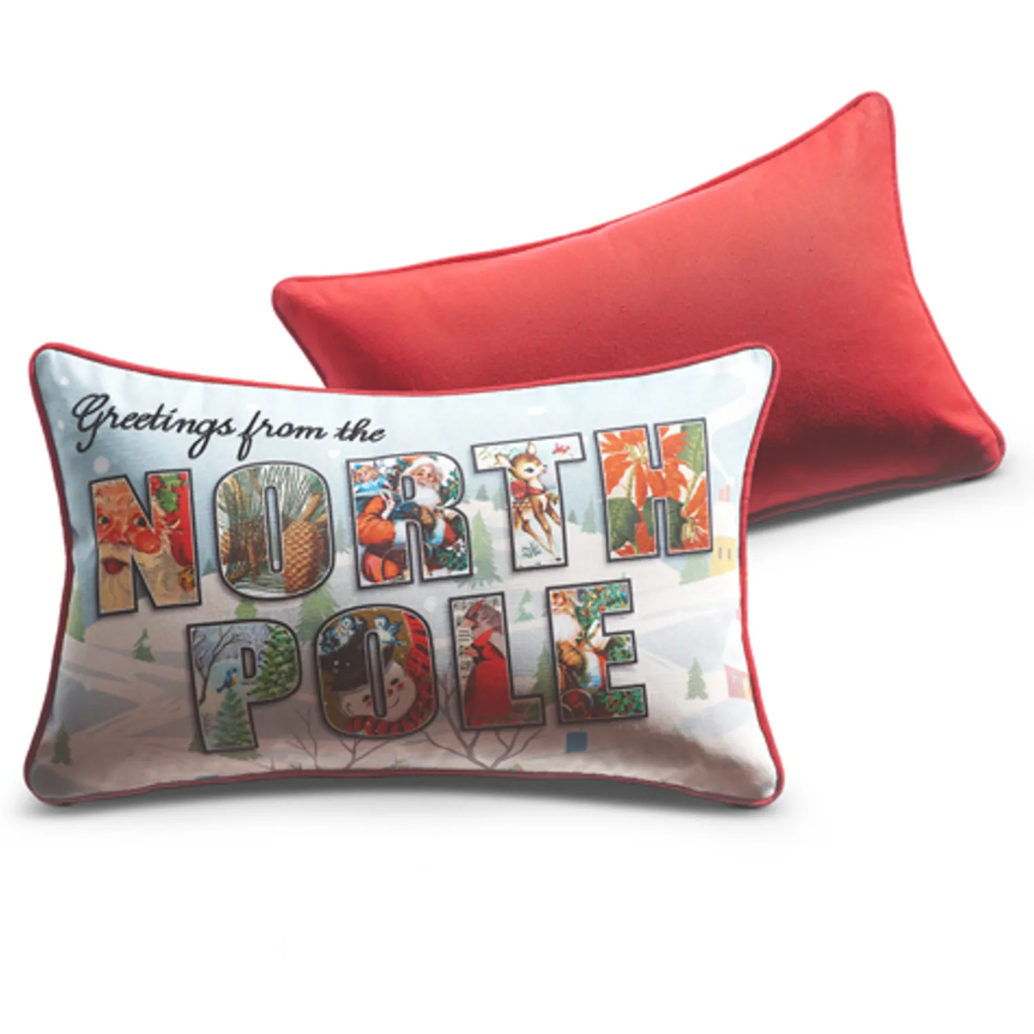 Discount The Jolly Christmas Shop Raz 18" Vintage Postcard Lumbar Christmas Pillow 4321332