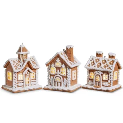 Hot The Jolly Christmas Shop Raz 4.25" White And Brown Lighted Gingerbread House Christmas Ornament Set Of 3 4416149