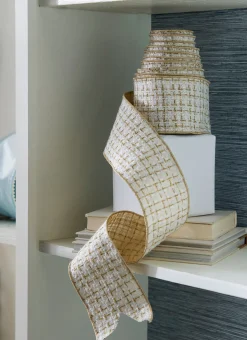 Discount The Jolly Christmas Shop Raz 4" White And Gold Tweed Wired Christmas Ribbon R4371783