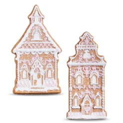 New The Jolly Christmas Shop Raz 4" White And Pink Gingerbread Church Christmas Ornament Set Of 2 4310202