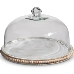 Online The Jolly Christmas Shop Raz 11.75" Whitewash Beaded Wooden Tray With Cloche 4424402