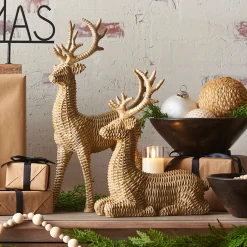 New The Jolly Christmas Shop Raz Basket Weave Wicker Deer Christmas Figures Set Of 2 4311327