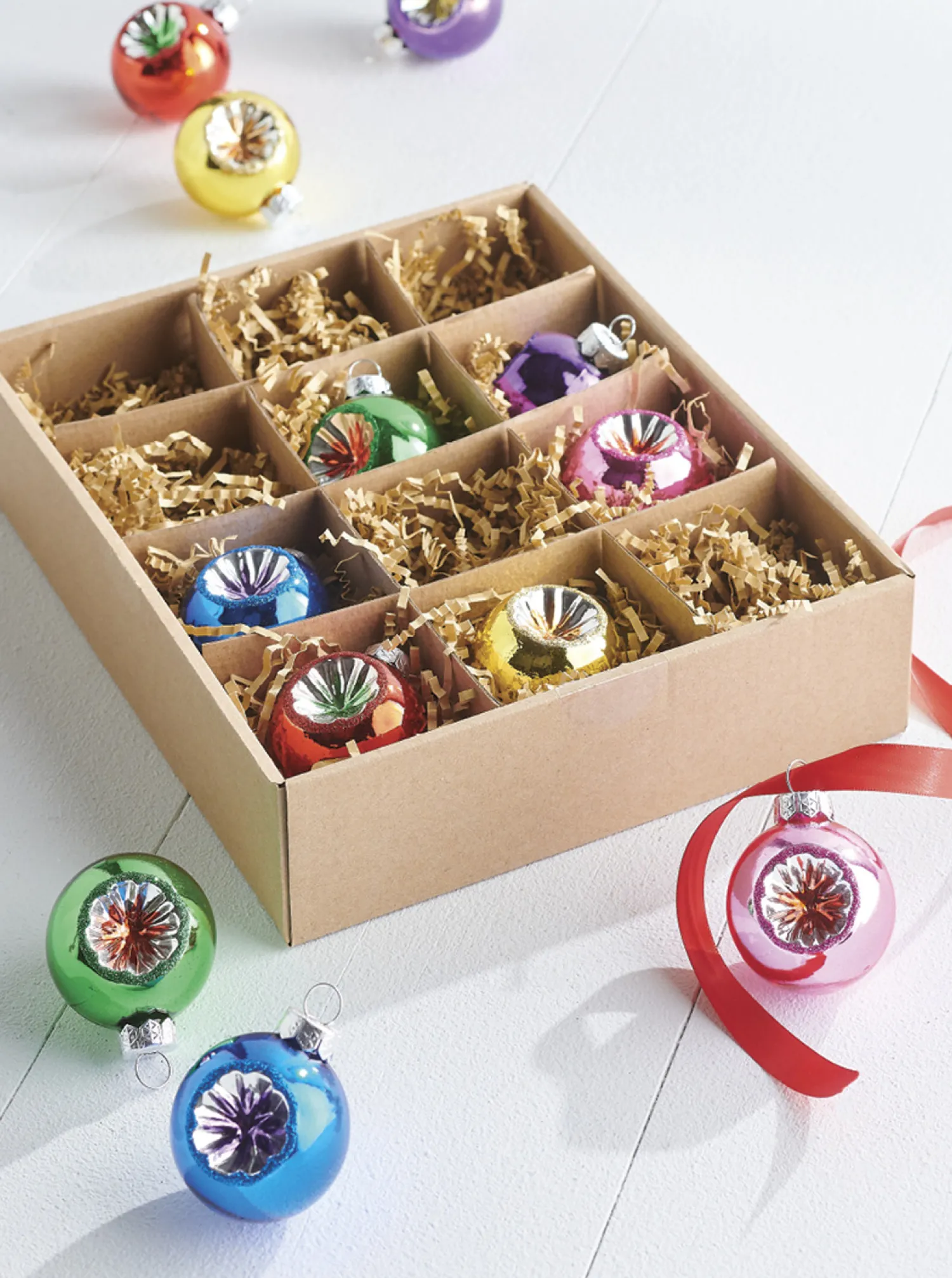 Discount The Jolly Christmas Shop Raz Box Of 2" Vintage Reflector Glass Christmas Ornament 4220974