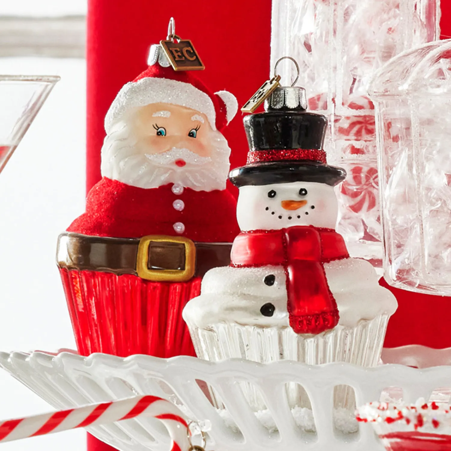 Discount The Jolly Christmas Shop Raz Eric Cortina 4" Santa Or Snowman Cupcake Glass Christmas Ornament