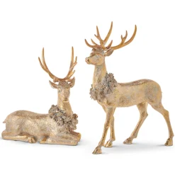 Best The Jolly Christmas Shop Raz Gold Deer With Christmas Wreath Figure Set Of 2 4211148