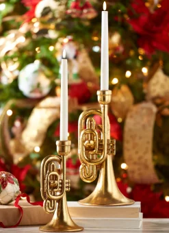 Clearance The Jolly Christmas Shop Raz Gold Horn Taper Christmas Candle Holders Set Of 2 4310185