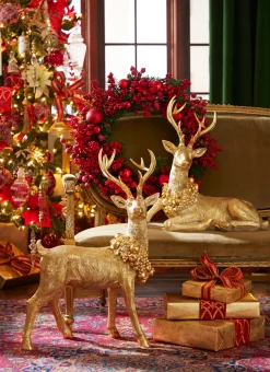 Clearance The Jolly Christmas Shop Raz Gold Large Laying Or Standing Deer With Wreath Christmas Decoration