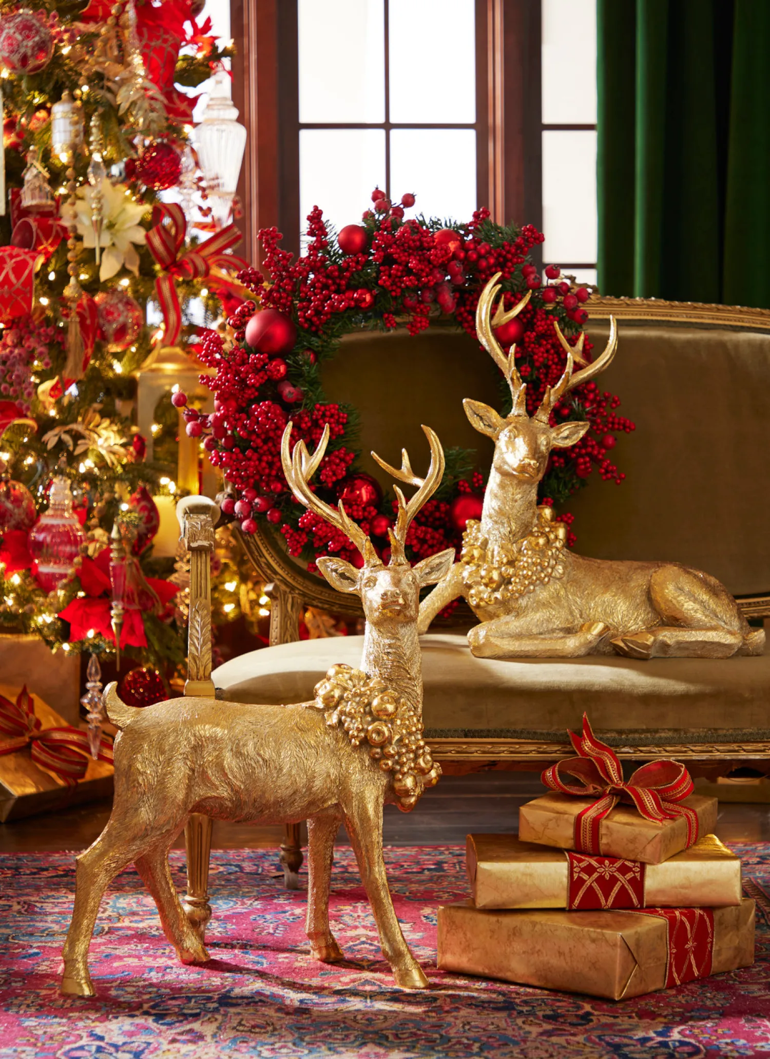 Clearance The Jolly Christmas Shop Raz Gold Large Laying Or Standing Deer With Wreath Christmas Decoration