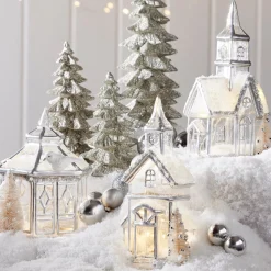 Hot The Jolly Christmas Shop Raz Lighted Silver Church Or Pagoda Glass Christmas House Decoration