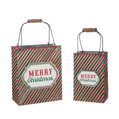 Clearance The Jolly Christmas Shop Raz Metal Set Of 2 Merry Christmas Striped Shopping Bag Decoration 4012357