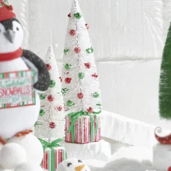 New The Jolly Christmas Shop Raz Set Of 2 18" Bottle Brush Tree With Ornaments On Present Pedestal Christmas Figures 4215545