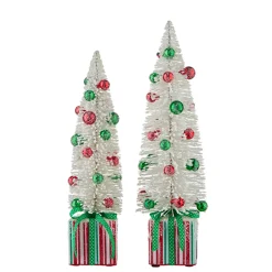 New The Jolly Christmas Shop Raz Set Of 2 18" Bottle Brush Tree With Ornaments On Present Pedestal Christmas Figures 4215545