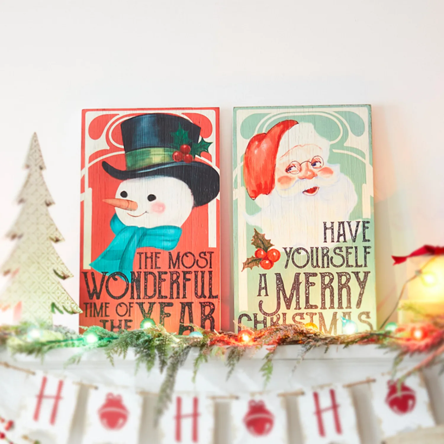 Best The Jolly Christmas Shop Raz Set Of 2 28" Vintage Christmas Snowman And Santa Wood Wall Art Signs 4328035