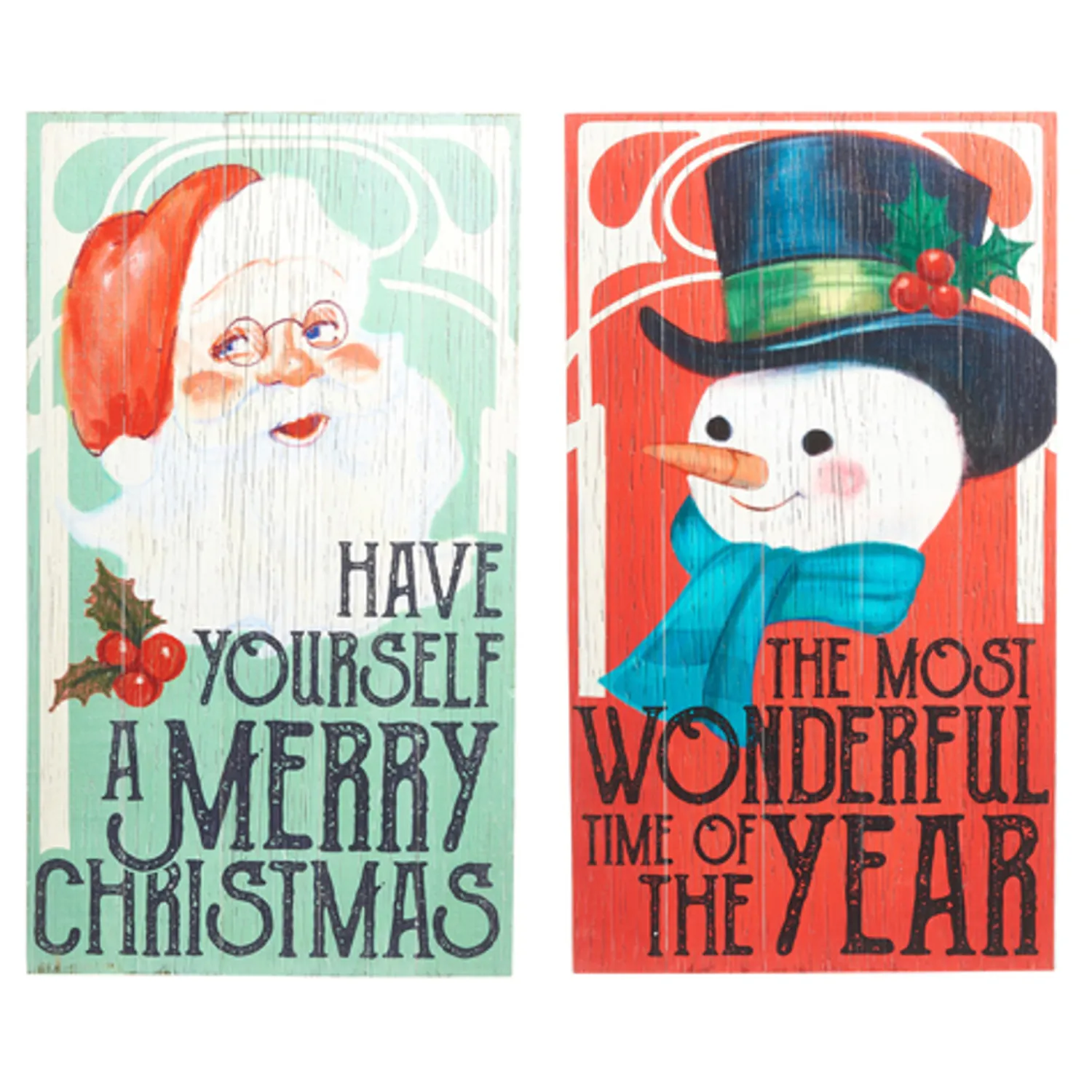 Best The Jolly Christmas Shop Raz Set Of 2 28" Vintage Christmas Snowman And Santa Wood Wall Art Signs 4328035