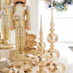 Clearance The Jolly Christmas Shop Raz Set Of 2 Gold Textured Standing Finial Glass Christmas Decoration 4324555