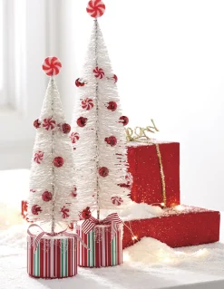 Outlet The Jolly Christmas Shop Raz Set Of 2 White Peppermint Bottle Brush Tree On Presents Christmas Figure 4215546