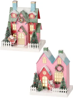 New The Jolly Christmas Shop Regency 10" LED Battery Operated Pink Cardboard Village House Christmas Decoration MTX73877
