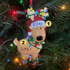 New The Jolly Christmas Shop Reindeer Tangled In Lights Personalized Christmas Ornament OR1370