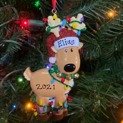 New The Jolly Christmas Shop Reindeer Tangled In Lights Personalized Christmas Ornament OR1370